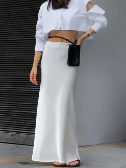 New Ivory Glow Satin Maxi Skirt Skirts|Bottoms