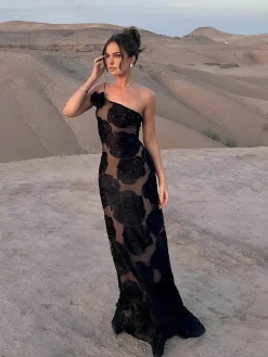 Jacquard Floral Asymmetrical Long Dress Black Dresses|Casual Dresses