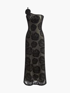 Jacquard Floral Asymmetrical Long Dress Black Dresses|Casual Dresses