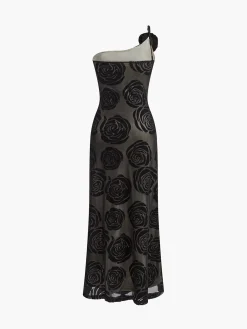 Jacquard Floral Asymmetrical Long Dress Black Dresses|Casual Dresses