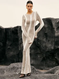 Discount Jacquard Striped Crochet Long Dress Sweater Dresses|Work Dresses