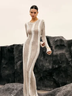 Discount Jacquard Striped Crochet Long Dress Sweater Dresses|Work Dresses