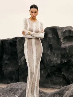 Discount Jacquard Striped Crochet Long Dress Sweater Dresses|Work Dresses