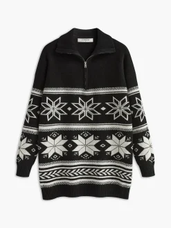 Jacquard Zipper Lapel Sweater Sweater Tops|Sweaters & Cardigans