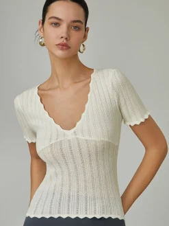 Keep It Simple Scalloped Pointelle Top Sweater Tops|Sweaters & Cardigans