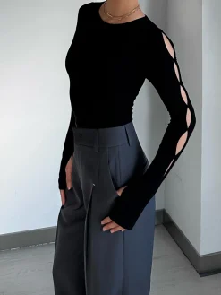 Clearance Keyhole Cutout Long Sleeve Bodysuit Sweater Tops|Bodysuits