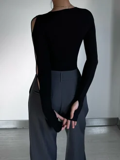 Clearance Keyhole Cutout Long Sleeve Bodysuit Sweater Tops|Bodysuits