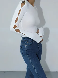 Clearance Keyhole Cutout Long Sleeve Bodysuit Sweater Tops|Bodysuits