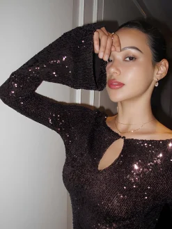 Online Keyhole Neckline Bell Sleeve Sequins Dress Casual Dresses|Cocktail & Party Dresses