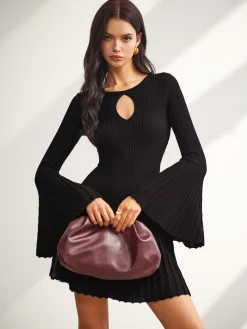 Best Keyhole Neckline Bell Sleeve Sweater Dress Black Dresses|Sweater Dresses