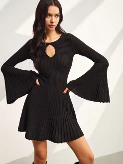 Best Keyhole Neckline Bell Sleeve Sweater Dress Black Dresses|Sweater Dresses