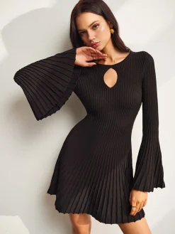 Best Keyhole Neckline Bell Sleeve Sweater Dress Black Dresses|Sweater Dresses