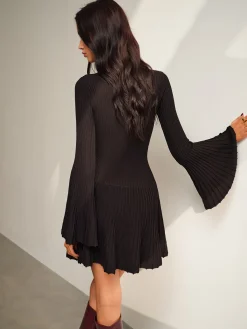 Best Keyhole Neckline Bell Sleeve Sweater Dress Black Dresses|Sweater Dresses