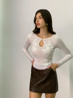 Discount Keyhole Neckline Floral Mesh Blouse Blouses & Shirts|Tops