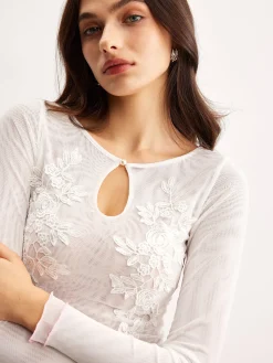 Discount Keyhole Neckline Floral Mesh Blouse Blouses & Shirts|Tops