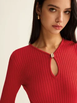 New Keyhole Neckline Knit Skirt Set Sweater Tops|Skirts