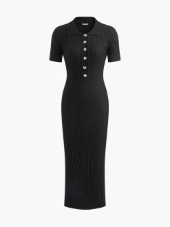 Discount Knit Button Short Sleeve Slim Dress Black Dresses|Sweater Dresses