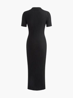 Discount Knit Button Short Sleeve Slim Dress Black Dresses|Sweater Dresses