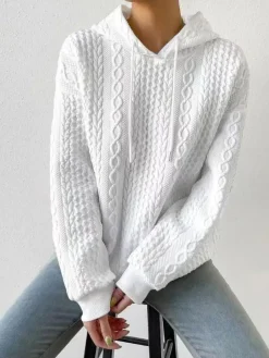 Online Knit Cable Long Sleeve Drawstring Hoody Sweatshirts & Hoodies|Knitwear