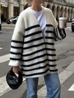 New Knit Oversized Stripe Pocket Cardigan Cardigans|Sweaters & Cardigans