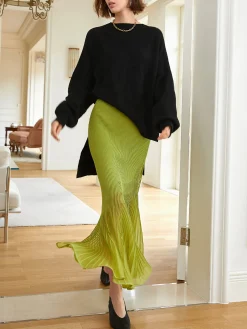 Online Knit Pleated Semi-sheer Maxi Skirt Skirts|Knitwear