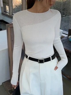 Best Knit Ribbed Crew Neck Asymmetric Top Sweater Tops|Sweaters & Cardigans