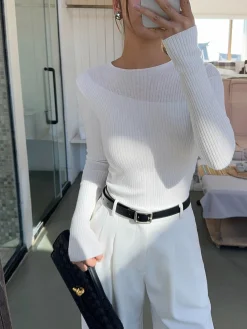 Best Knit Ribbed Crew Neck Asymmetric Top Sweater Tops|Sweaters & Cardigans