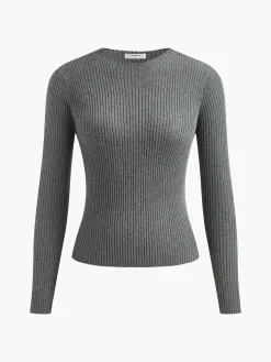 Best Knit Ribbed Crew Neck Asymmetric Top Sweater Tops|Sweaters & Cardigans