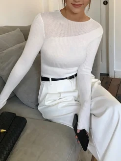 Best Knit Ribbed Crew Neck Asymmetric Top Sweater Tops|Sweaters & Cardigans