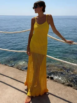 Hot Knit Ruffle Midi Dress With Openwork Panels Sweater Dresses|Vacation Dresses