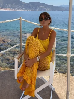 Hot Knit Ruffle Midi Dress With Openwork Panels Sweater Dresses|Vacation Dresses