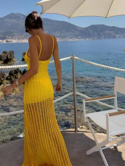 Hot Knit Ruffle Midi Dress With Openwork Panels Sweater Dresses|Vacation Dresses