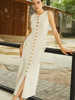 Clearance Knit Sleeveless Buttoned Sweater Dress Sweater Dresses|Work Dresses