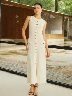 Clearance Knit Sleeveless Buttoned Sweater Dress Sweater Dresses|Work Dresses