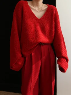 Clearance Knit Solid V-neck Long Sleeve Sweater Sweater Tops|Long Sleeve Sets