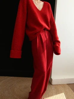 Clearance Knit Solid V-neck Long Sleeve Sweater Sweater Tops|Long Sleeve Sets