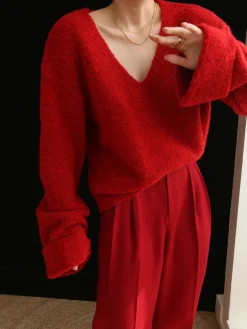 Clearance Knit Solid V-neck Long Sleeve Sweater Sweater Tops|Long Sleeve Sets