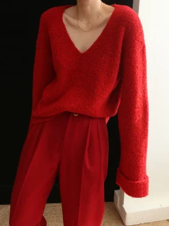 Clearance Knit Solid V-neck Long Sleeve Sweater Sweater Tops|Long Sleeve Sets