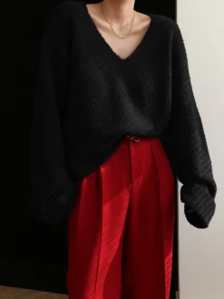 Clearance Knit Solid V-neck Long Sleeve Sweater Sweater Tops|Long Sleeve Sets