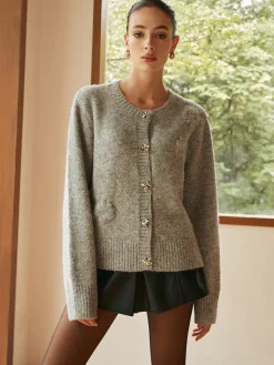 Knit-Floral Metal Button Cardigan Cardigans|Sweaters & Cardigans