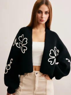 Outlet Knit-Floral Short Outerwear Sweater Tops|Outerwear