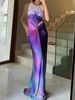 Best Knot Printed Gradient Long Dress Cocktail & Party Dresses|Summer Dresses
