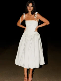 Outlet Knotted Adjustable Strap Pockets Midi Dress White Dresses|Casual Dresses
