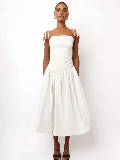 Outlet Knotted Adjustable Strap Pockets Midi Dress White Dresses|Casual Dresses