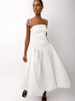 Outlet Knotted Adjustable Strap Pockets Midi Dress White Dresses|Casual Dresses