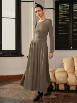 Online Knotted Pleated Jersey Dress Casual Dresses|Work Dresses
