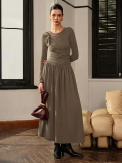 Online Knotted Pleated Jersey Dress Casual Dresses|Work Dresses