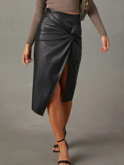 Clearance Knotted Slit Faux Leather Skirt Skirts|Bottoms