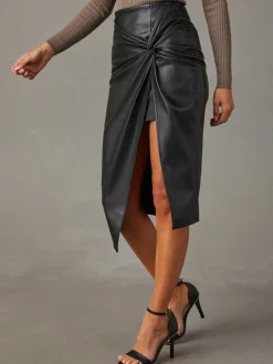Clearance Knotted Slit Faux Leather Skirt Skirts|Bottoms