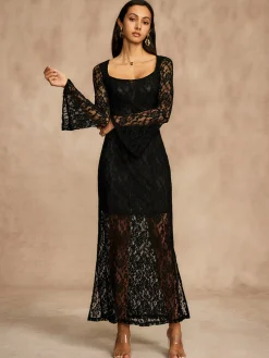 Online Lace Bell Sleeve Lined Dress Black Dresses|Casual Dresses